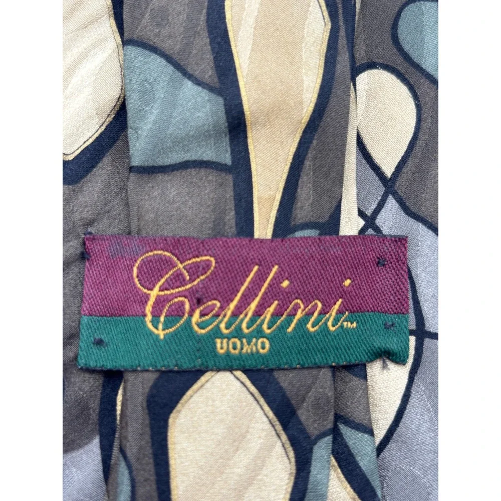 Cellini Uomo Men's 100% Silk Abstract Geometric Necktie Gold Gray Made in USA